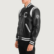 
Black & White Sheepskin Leather Varsity Jacket - Bagfra med tilpassede skuldre og ren kant