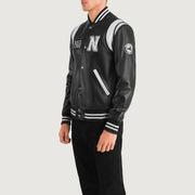 
Black & White Sheepskin Leather Varsity Jacket - Bagfra med tilpassede skuldre og ren kant