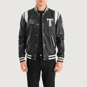 
Liberte Texas Sort Leather Varsity Læderjakke til Mænd in Black & White Sheepskin Leather - Forfra med skræddersyet silhuet | Køb online