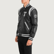 
Black & White Sheepskin Leather Varsity Jacket - Bagfra med tilpassede skuldre og ren kant