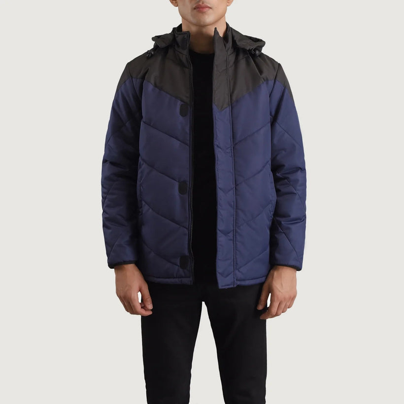 Luka Sort & Blå Hooded Puffer Læderjakke til Mænd