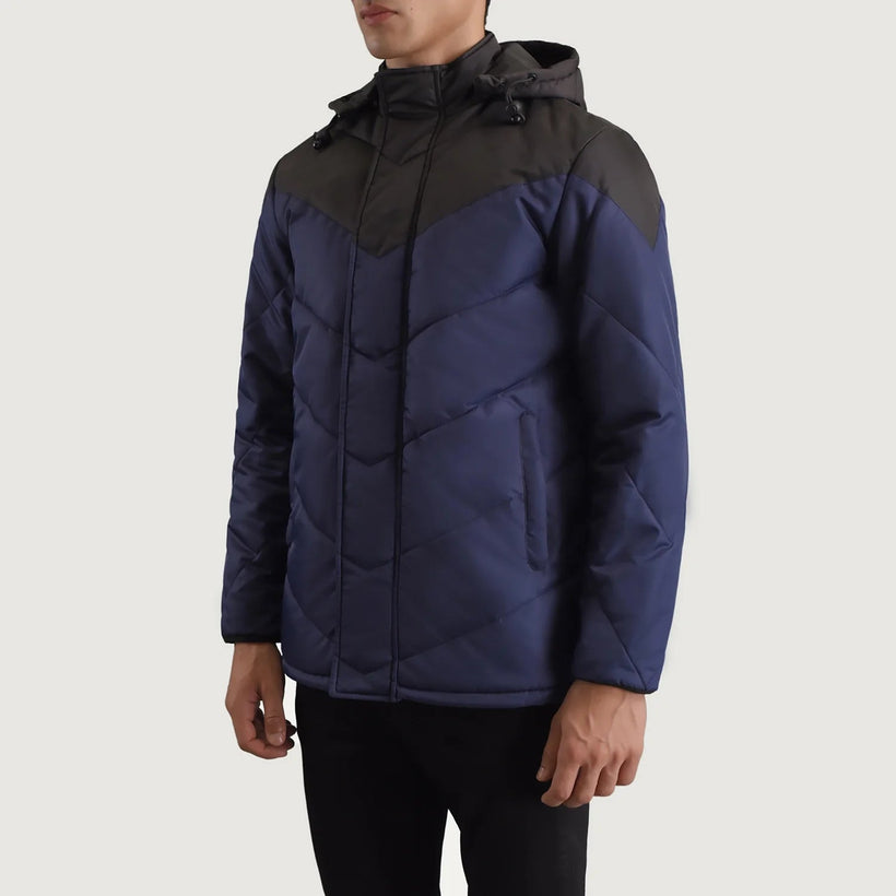 Luka Sort & Blå Hooded Puffer Læderjakke til Mænd