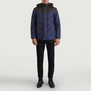 
Luka Sort & Blå Hooded Puffer Læderjakke til Mænd - Sideprofil med ergonomisk ærmesnit