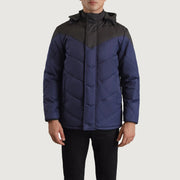 
Nærbillede of Classic Collar & Zipper With Velcro Placket Hardware on Luka Sort & Blå Hooded Puffer Læderjakke til Mænd