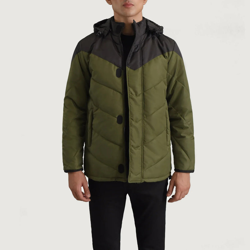 Luka Sort & Grøn Hooded Puffer Læderjakke til Mænd