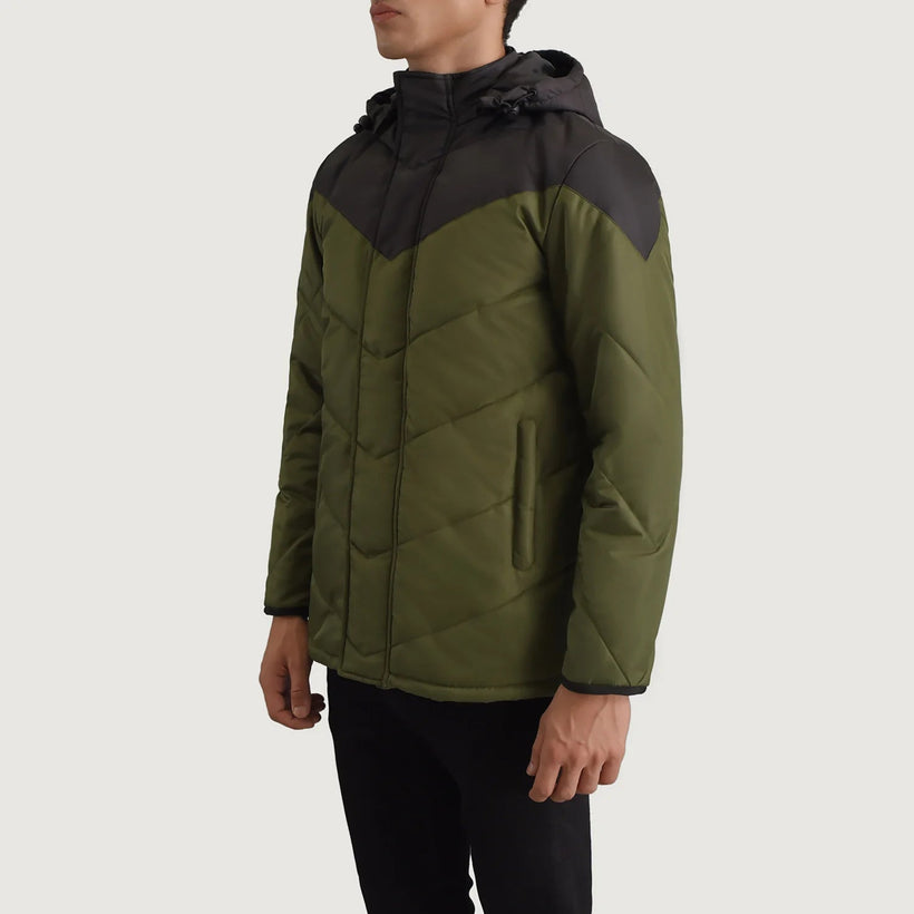 Luka Sort & Grøn Hooded Puffer Læderjakke til Mænd