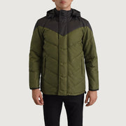 
Nærbillede of Classic Collar & Zipper With Velcro Placket Hardware on Luka Sort & Grøn Hooded Puffer Læderjakke til Mænd