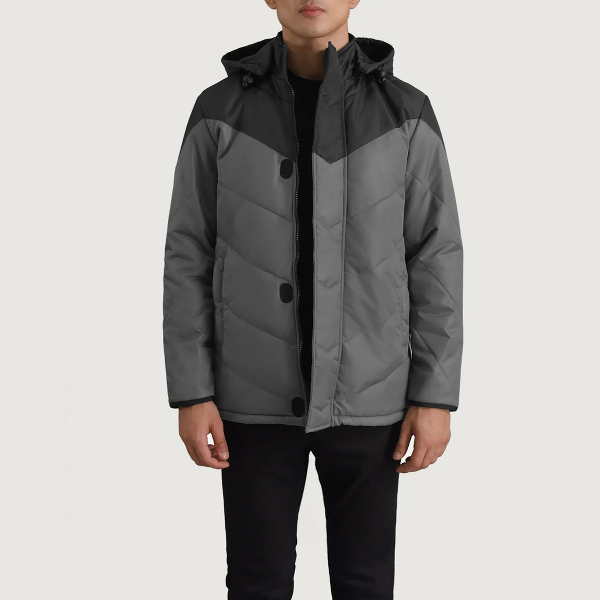 
Luka Sort & Grey Hooded Puffer Læderjakke til Mænd in Black & Grey Full-Grain Leather - Forfra med skræddersyet silhuet | Køb online