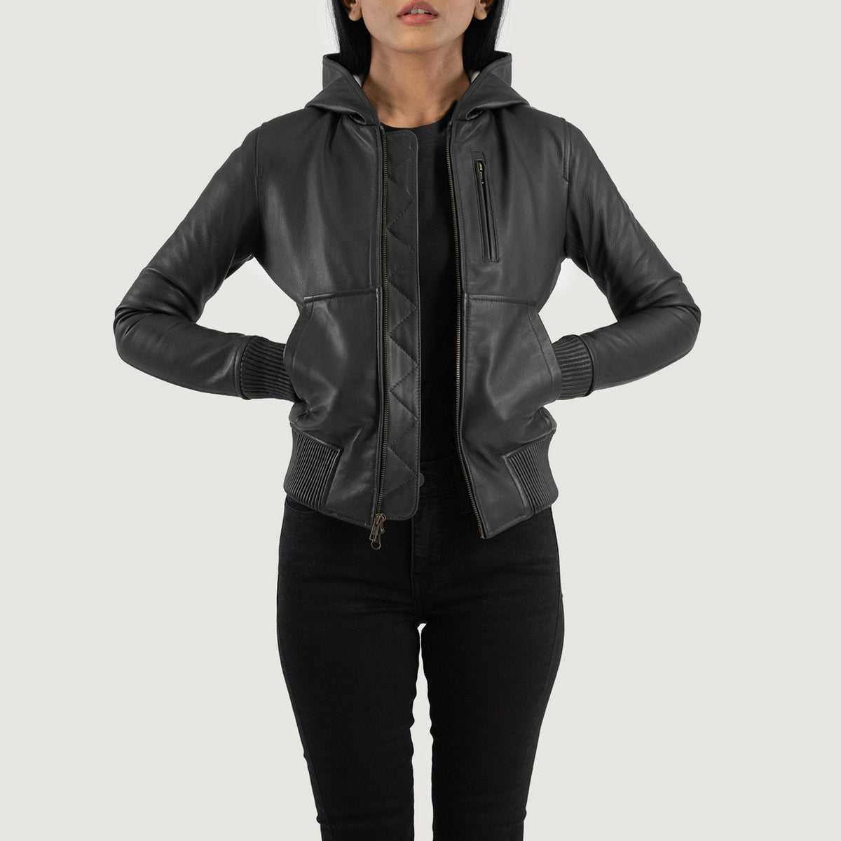 Luna Hooded Læder Bomberjakke til Kvinder – alternate product view 1