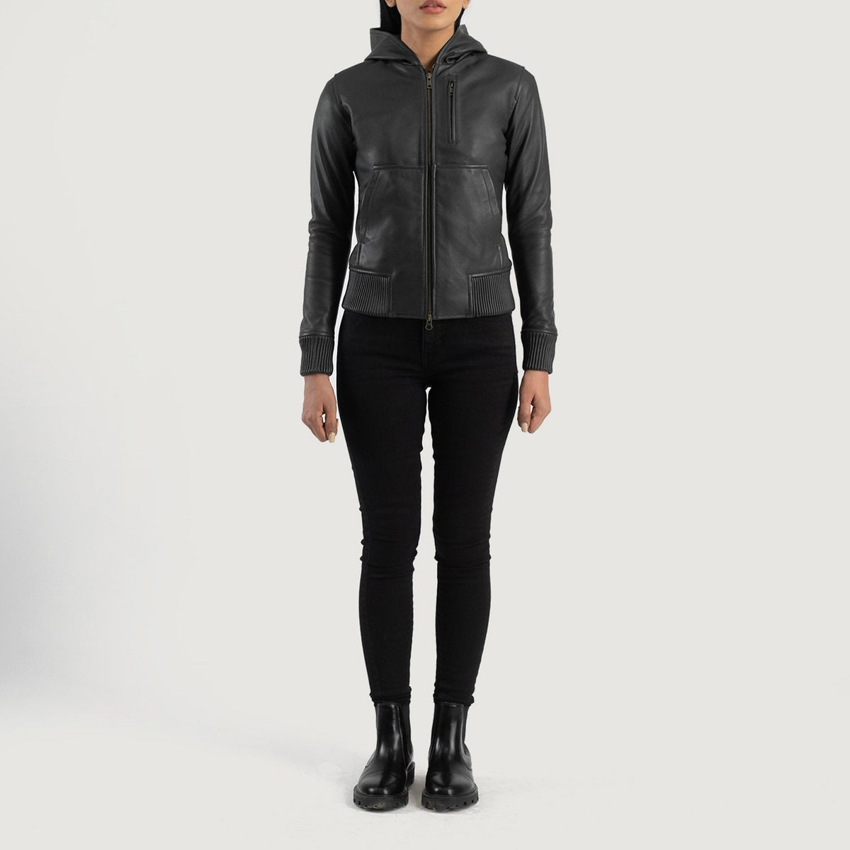 Luna Hooded Læder Bomberjakke til Kvinder – alternate product view 3