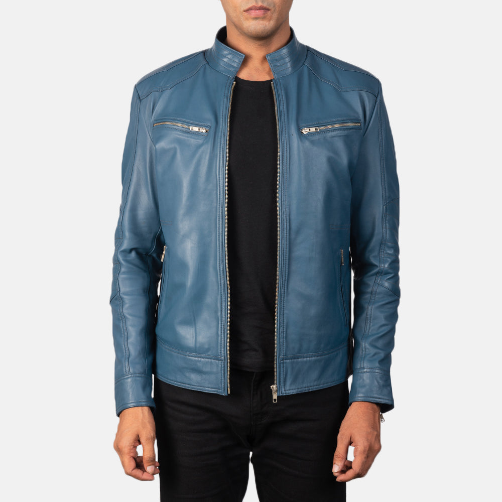Mack Blue Læder Bikerjakke til Mænd in Blue Sheepskin Leather - Front Profile View &amp; Tailored Silhouette | Buy Online