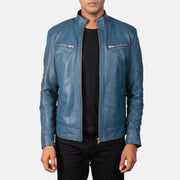 Mack Blue Læder Bikerjakke til Mænd in Blue Sheepskin Leather - Front Profile View &amp; Tailored Silhouette | Buy Online