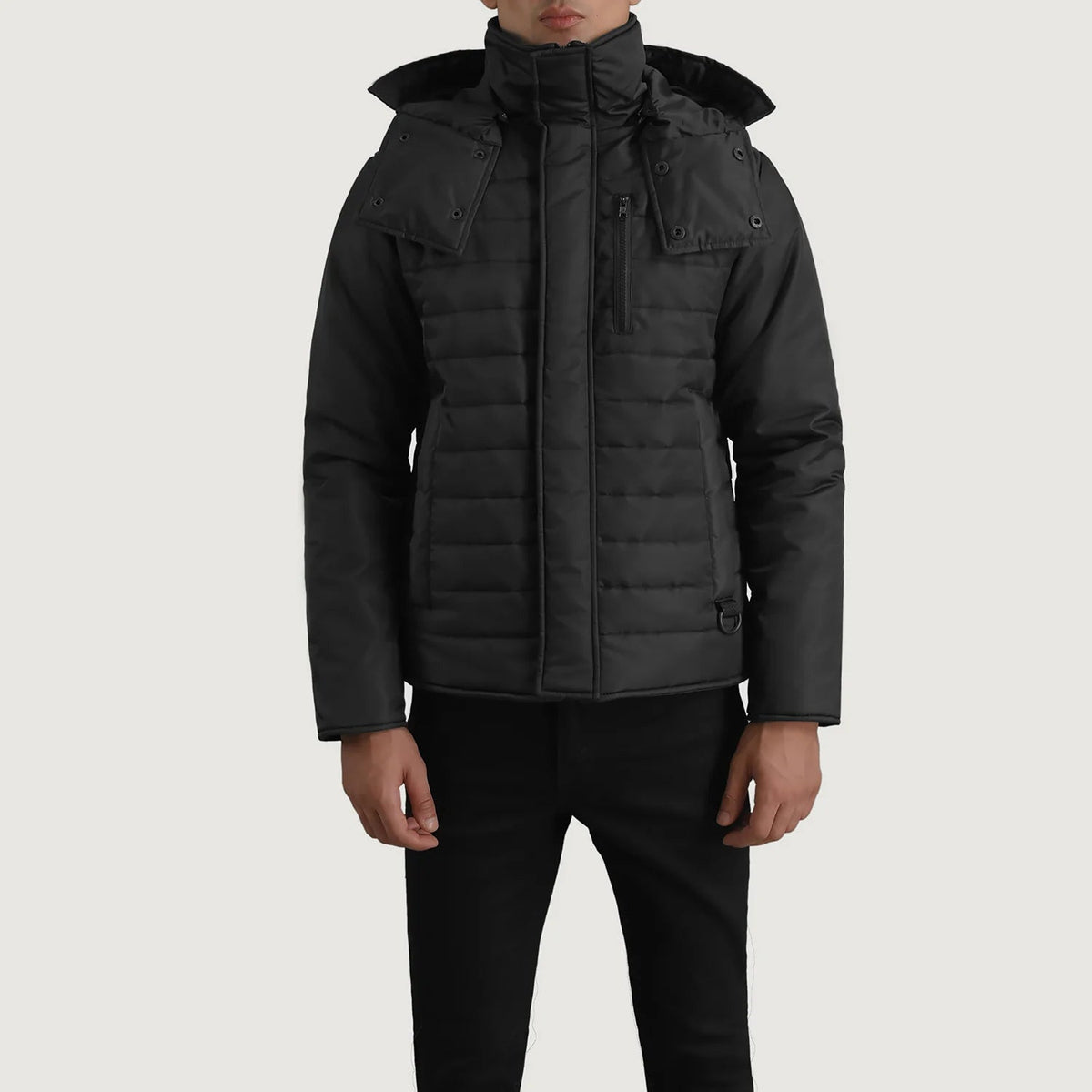
Nærbillede of Classic Collar & Zipper With Placket Hardware on Malcolm Sort Hooded Puffer Læderjakke til Mænd