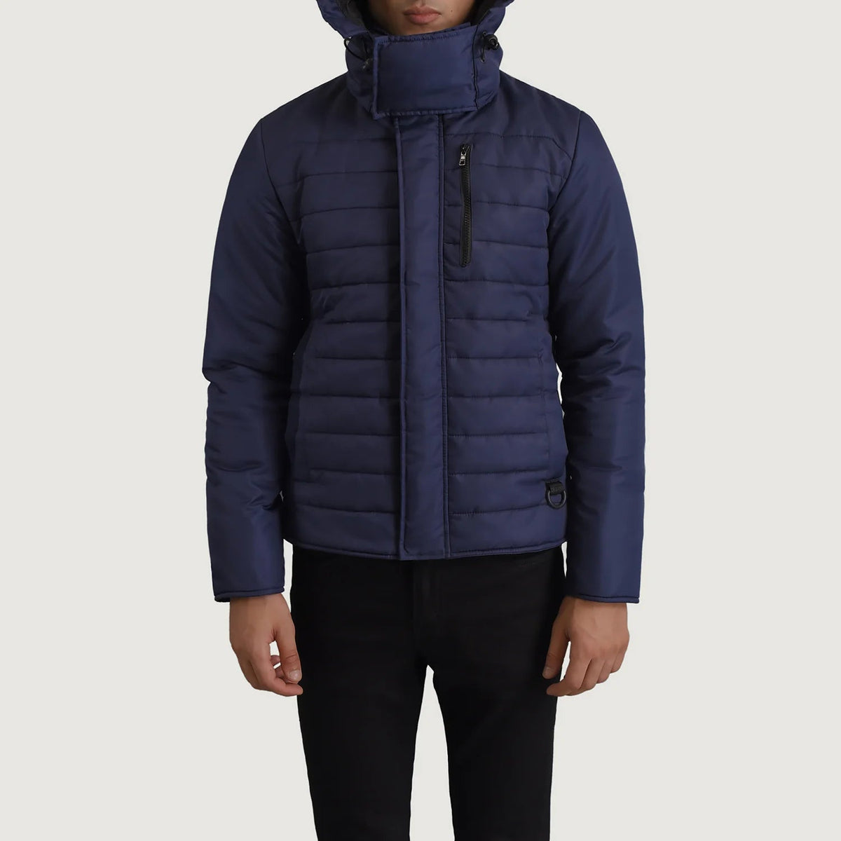 
Nærbillede of Classic Collar & Zipper With Placket Hardware on Malcolm Blå Hooded Puffer Læderjakke til Mænd