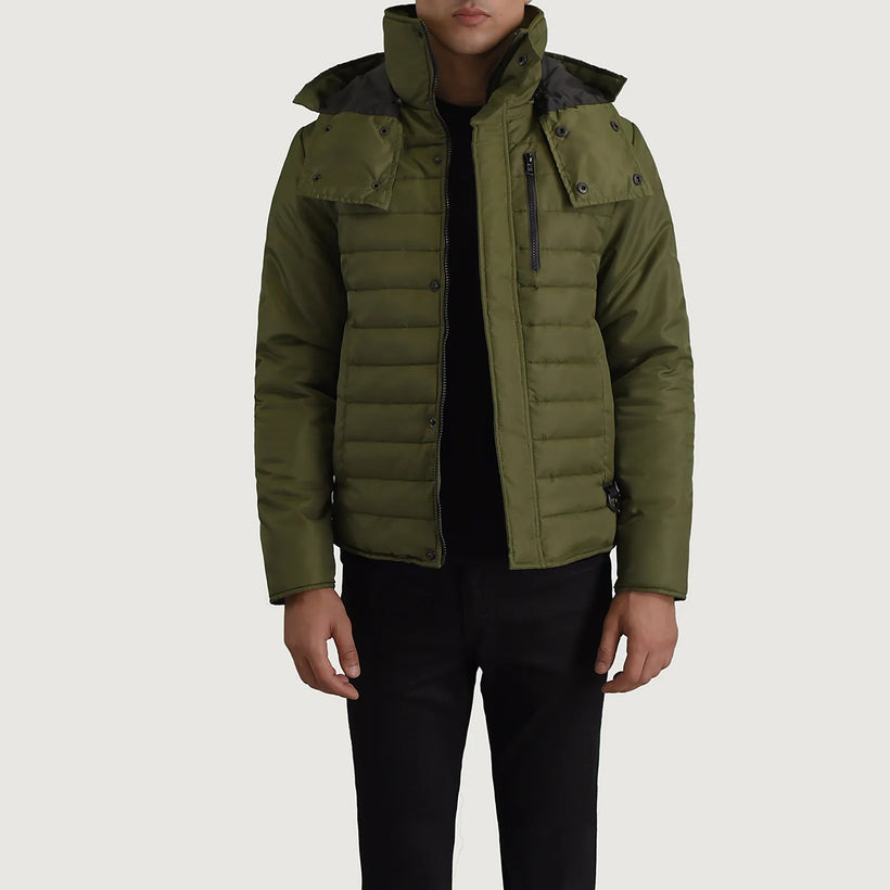 Malcolm Grøn Hooded Puffer Læderjakke til Mænd