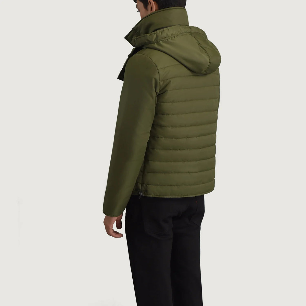 
Green Full-Grain Leather Hooded Jacket - Bagfra med tilpassede skuldre og ren kant