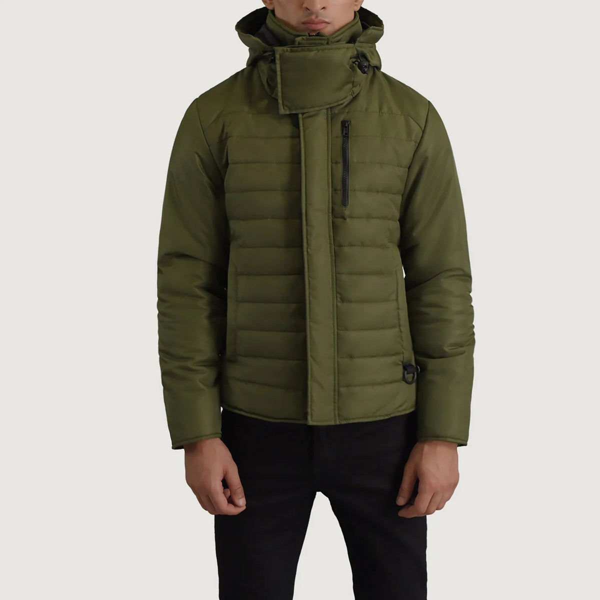 
Malcolm Grøn Hooded Puffer Læderjakke til Mænd - Sideprofil med ergonomisk ærmesnit