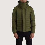 
Malcolm Grøn Hooded Puffer Læderjakke til Mænd - Sideprofil med ergonomisk ærmesnit