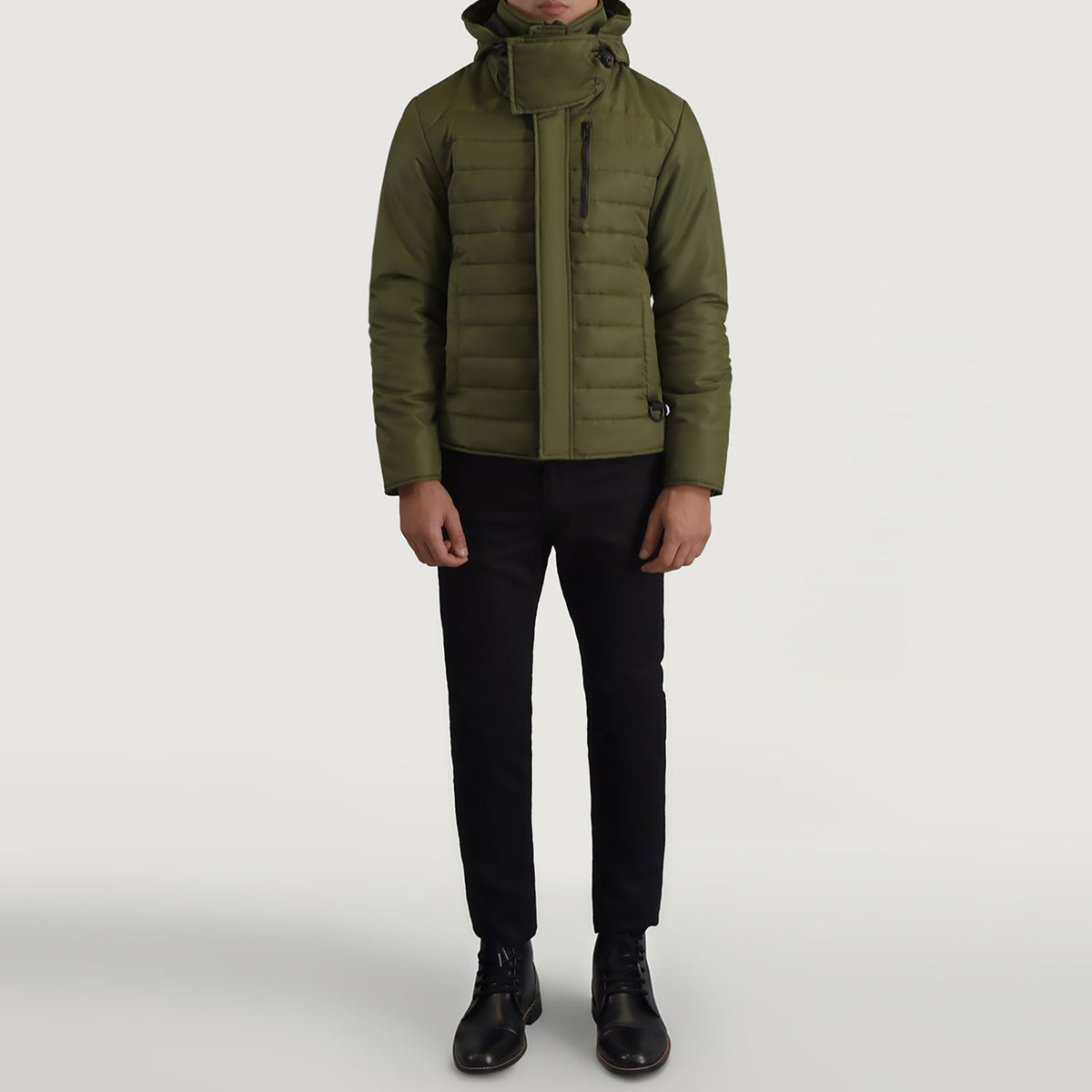 
Nærbillede of Classic Collar & Zipper With Placket Hardware on Malcolm Grøn Hooded Puffer Læderjakke til Mænd