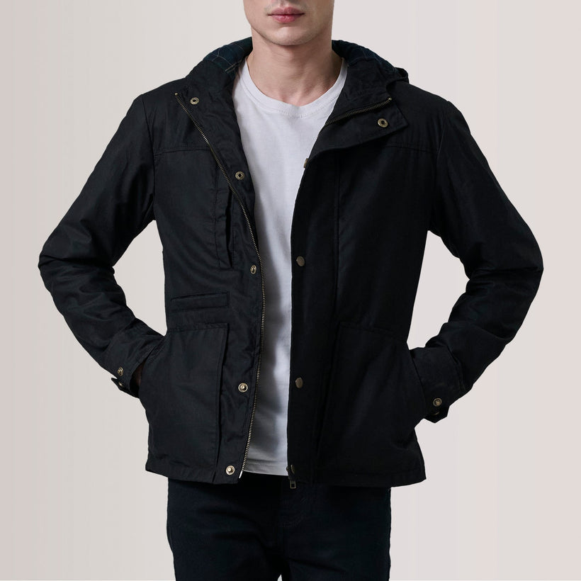 Marlo Sort Canvas Hooded Work Læderjakke til Mænd