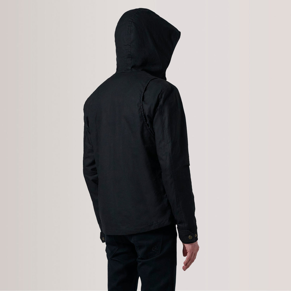 Close-Up Detail of Hooded &amp; Zipper with placket Hardware on Marlo Sort Canvas Hooded Work Læderjakke til Mænd For Men