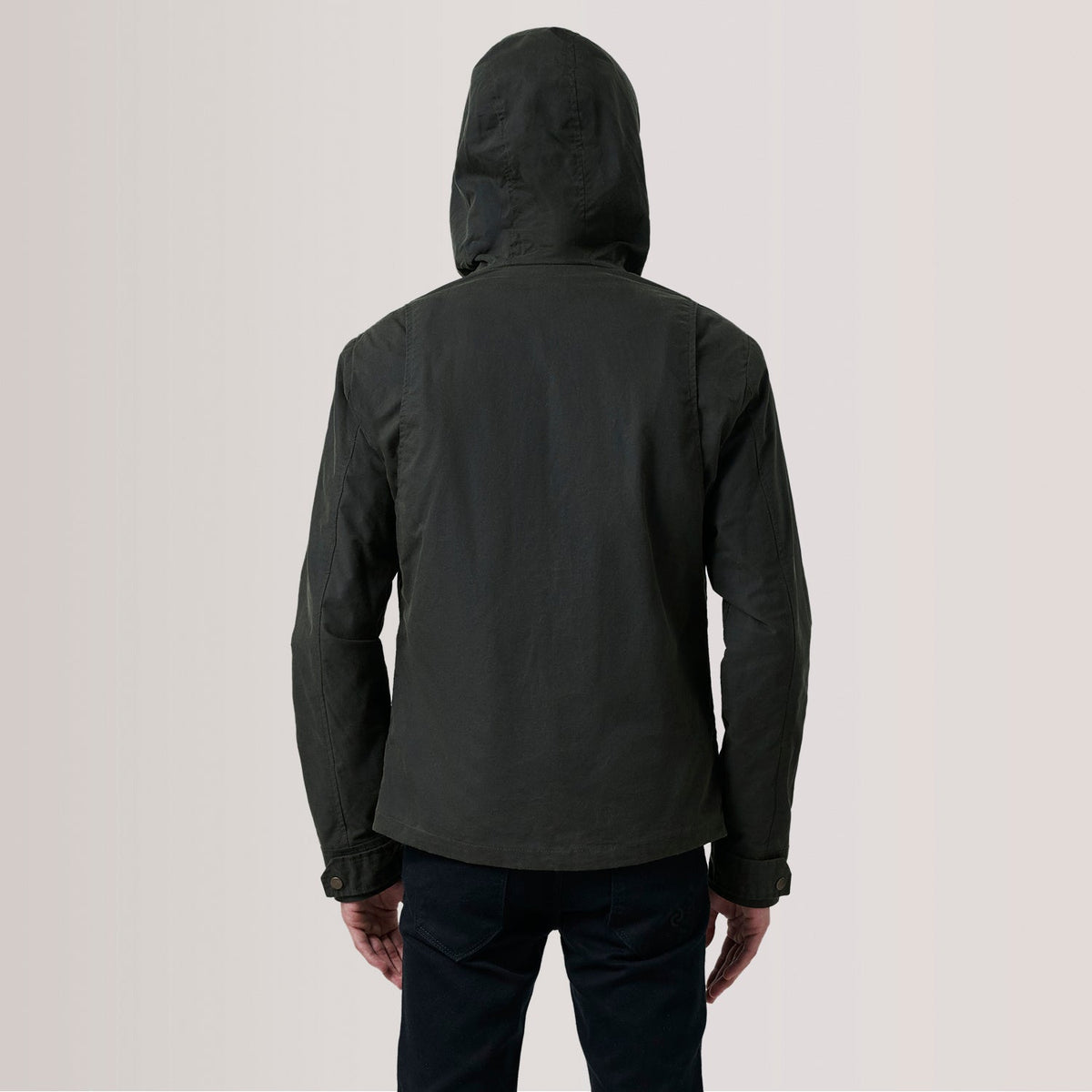 Close-Up Detail of Hooded &amp; Zipper with placket Hardware on Marlo Olive Canvas Hooded Work Læderjakke til Mænd For Men