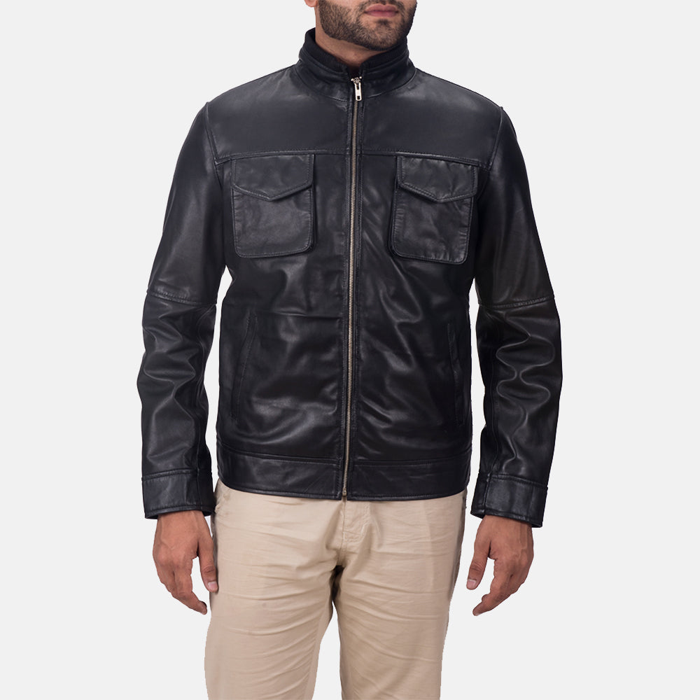 Maurice Sort Læderjakke til Mænd in Black Sheepskin Leather - Front Profile View &amp; Tailored Silhouette | Buy Online