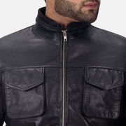 Maurice Sort Læderjakke til Mænd - Lateral Side Profile View Showing Sleeve Cut &amp; Athletic Taper Fit