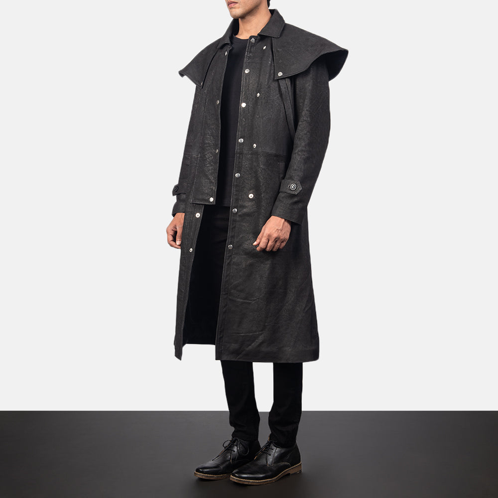 
Distressed Black Sheepskin Snuffed Trench Coat - Bagfra med tilpassede skuldre og ren kant