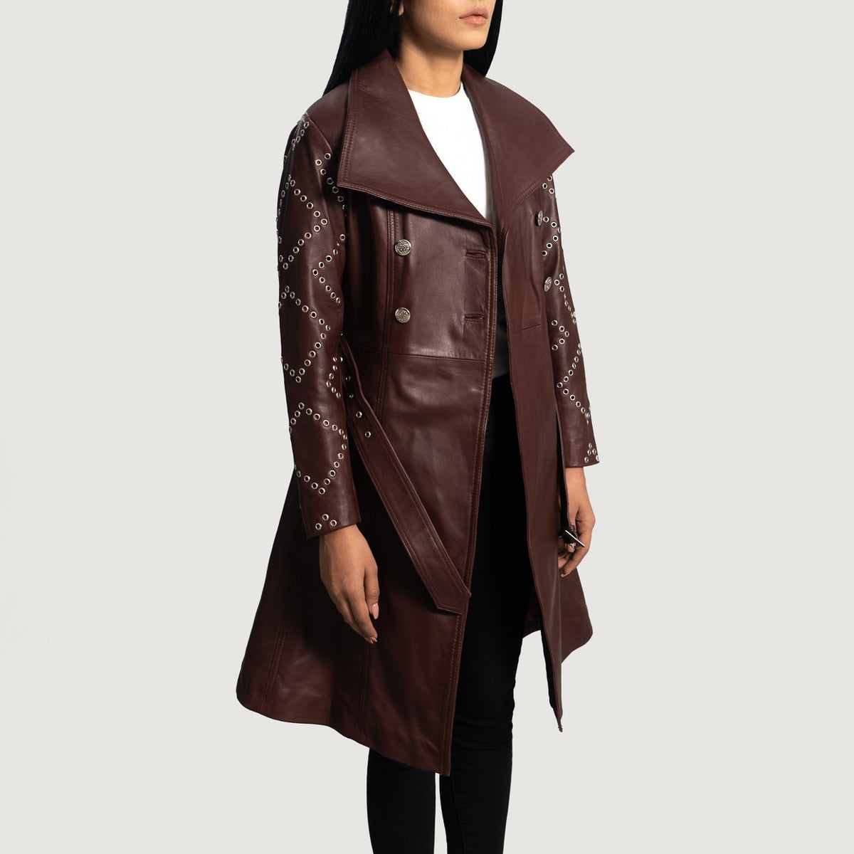 Women's Missoni Maroon Leather Trench Coat til Kvinder - Lateral Side Profile View Showing Sleeve Cut &amp; Athletic Taper Fit