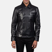 Mod Sort Leather Peacoat til Mænd in Black Cowhide Leather - Front Profile View &amp; Tailored Silhouette | Buy Online