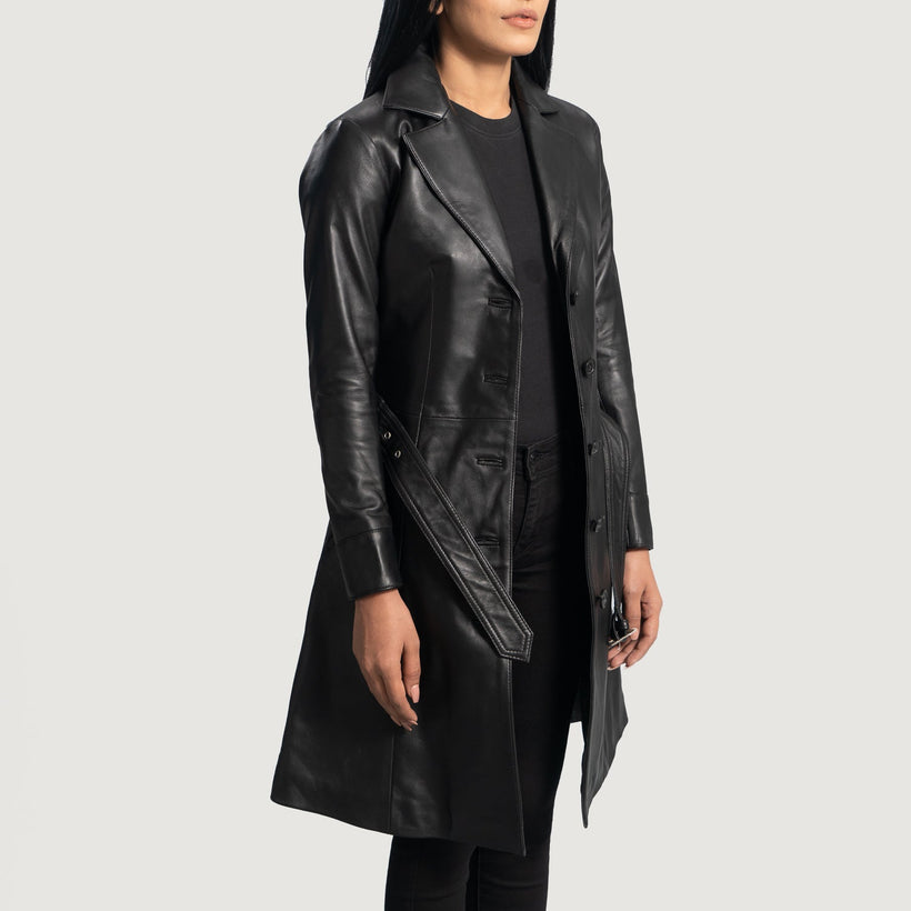 Moonlight Sort Leather Trench Coat til Kvinder