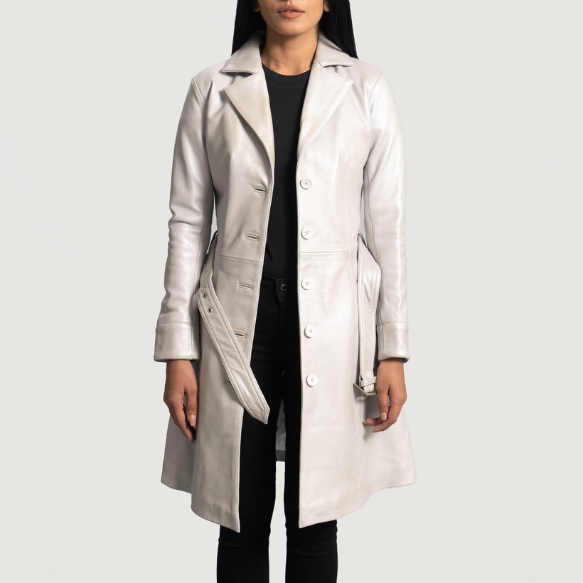 Moonlight Silver Leather Trench Coat til Kvinder