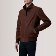 Morrison Brun Canvas Læder Bomberjakke til Mænd For Men - Lateral Side Profile View Showing Sleeve Cut &amp; Athletic Taper Fit
