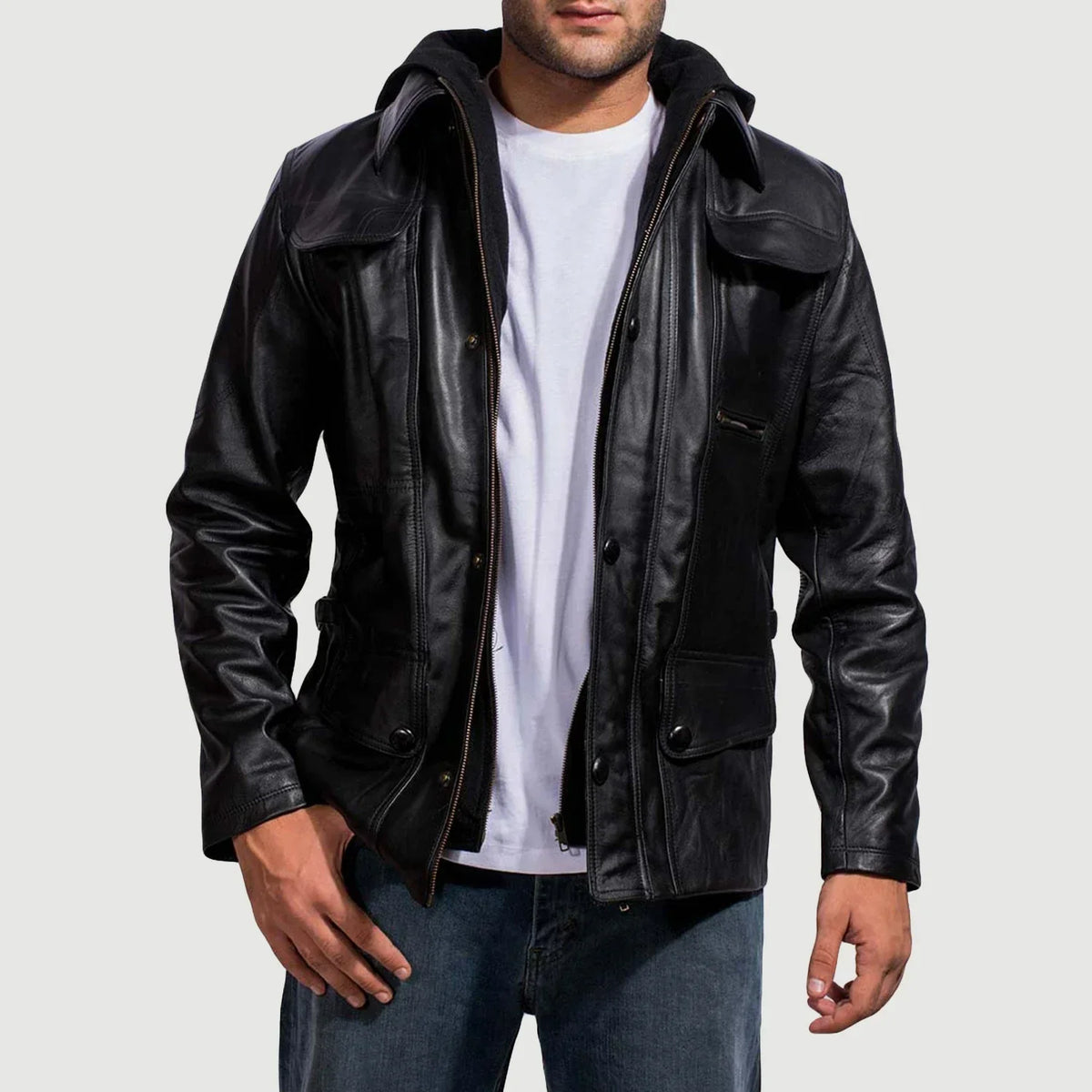 Men's Moulder Hooded Sort Læderjakke til Mænd in Black Cowhide Leather - Front Profile View &amp; Tailored Silhouette | Buy Online