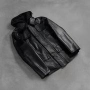 Zipper &amp; Hem Craftsmanship Construction Detail on Men's Moulder Hooded Sort Læderjakke til Mænd
