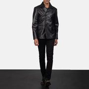 Men's Mr. Bailey Sort Leather Naval Peacoat til Mænd - Lateral Side Profile View Showing Sleeve Cut &amp; Athletic Taper Fit