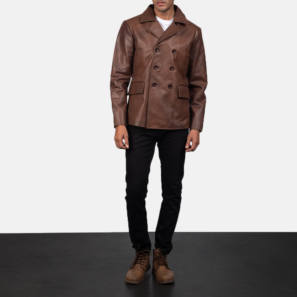 
Mr. Bailey Brun Leather Naval Peacoat til Mænd - Sideprofil med ergonomisk ærmesnit