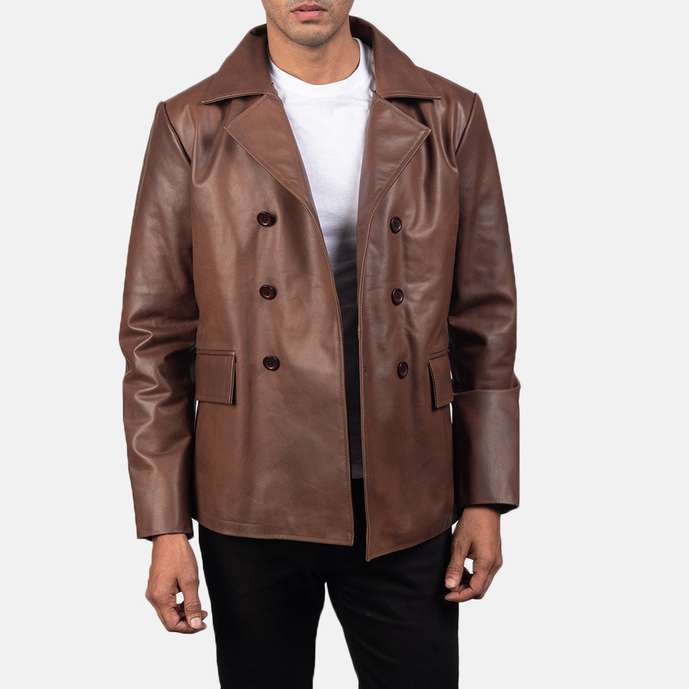 
Nærbillede of Notch & Buttons Hardware on Mr. Bailey Brun Leather Naval Peacoat til Mænd
