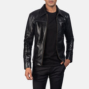 Men's Mystical Black Leather Jacket in Black Cowhide Leather - Front Profile View &amp; Tailored Silhouette | Buy Online