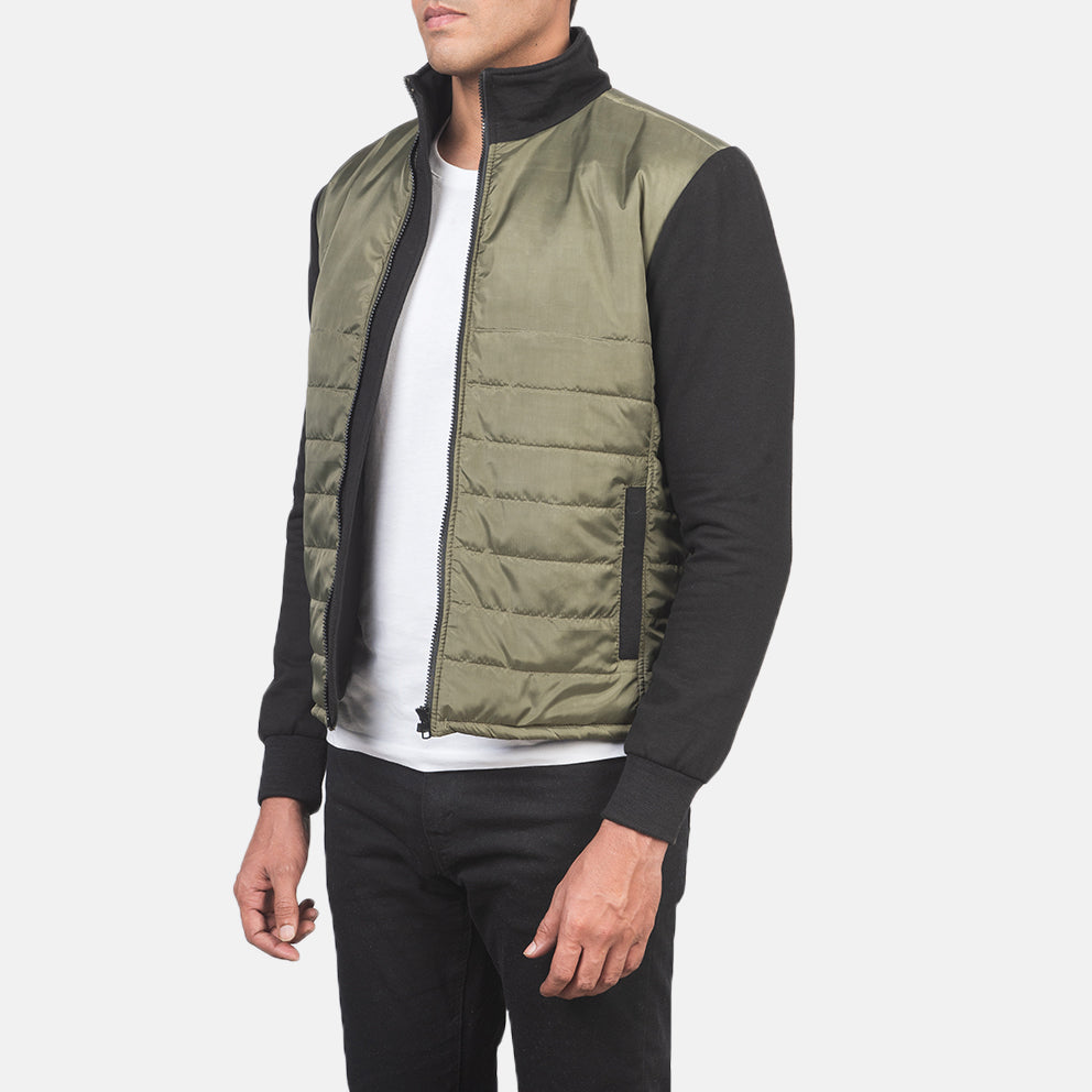
Green & Black Nylon (Torso) &Amp; Knitted Fabric (Sleeves) Winter Jacket - Bagfra med tilpassede skuldre og ren kant