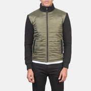 
Nærbillede of High Neck & Zipper with wind flap Hardware on Nashville Quiltet Grøn Windbreaker Læderjakke til Mænd