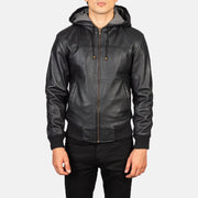 Close-Up Detail of Hooded &amp; Zipper Hardware on Men's Nintenzo Black Hooded Leather Jacket