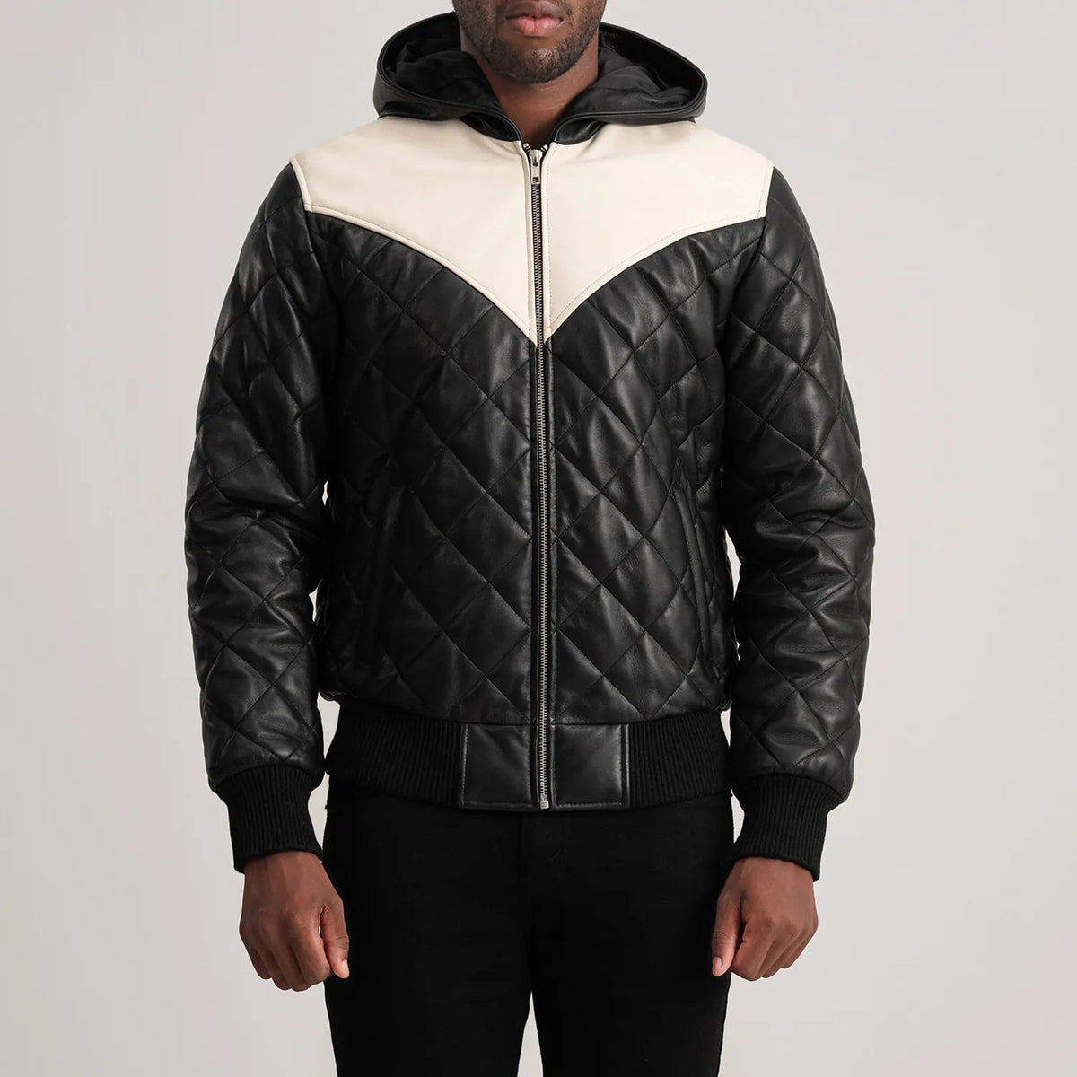 
Nærbillede of Hooded & Zipper Hardware on Norman Tan Hooded Bomber Leather Puffer Jacket