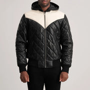 
Nærbillede of Hooded & Zipper Hardware on Norman Tan Hooded Bomber Leather Puffer Jacket