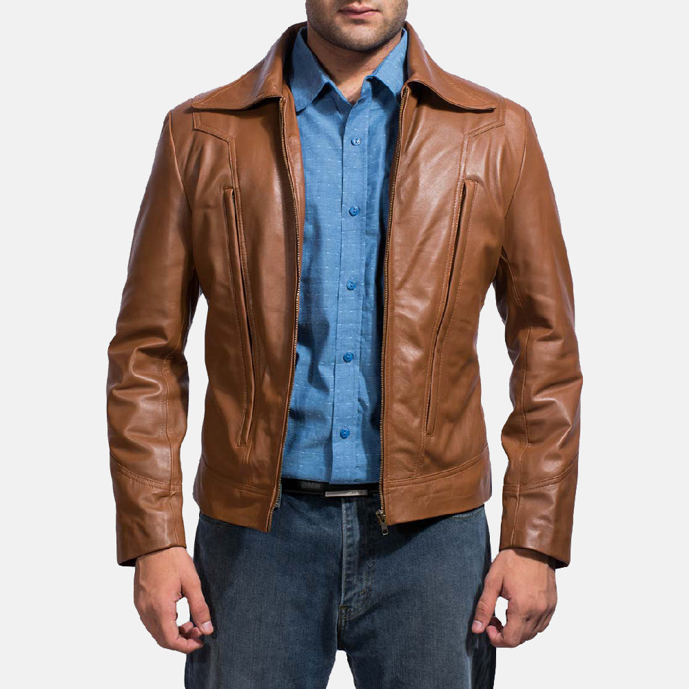 Old School Brun Læderjakke til Mænd in Brown Sheepskin Leather - Front Profile View &amp; Tailored Silhouette | Buy Online