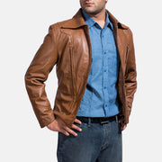 Old School Brun Læderjakke til Mænd - Lateral Side Profile View Showing Sleeve Cut &amp; Athletic Taper Fit