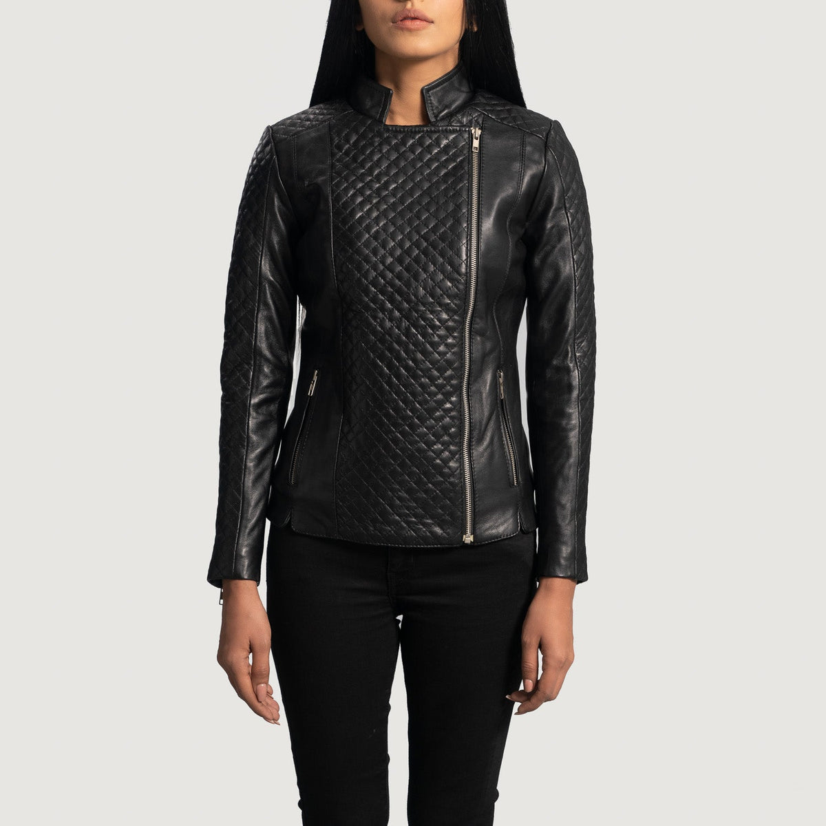 Women's Orient Grain Quilted Sort Læder Bikerjakke til Kvinder in Black Sheepskin Leather - Front Profile View &amp; Tailored Silhouette | Buy Online