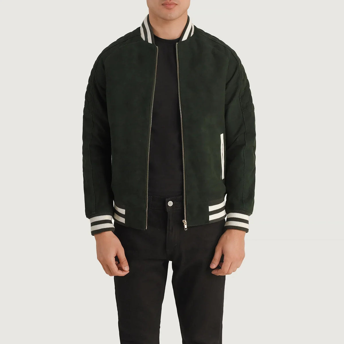 Pascal Green Suede Varsity Læderjakke til Mænd in Green Goatskin Suede - Front Profile View &amp; Tailored Silhouette | Buy Online