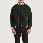 Pascal Green Suede Varsity Læderjakke til Mænd in Green Goatskin Suede - Front Profile View &amp; Tailored Silhouette | Buy Online